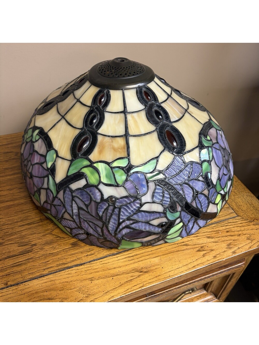 Tiffany Style Stained Glass Lamp Shade 18” Purple Floral Needs Repair